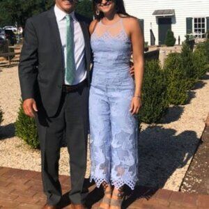 Glamorous Dusty Blue Sheer Lace Jumpsuit